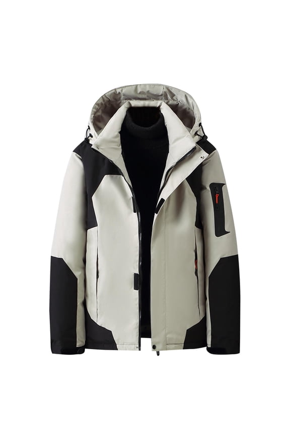 Men Padded Coats Parkas Hooded Long Sleeved Zipper Hardshell Padded Thicken Outdoor Workwear Padded Jacket Coat Beige