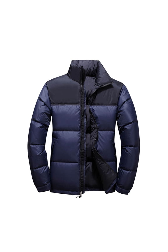 Men Short Padded Coats Long Sleeve Zipper Thicken Warm Short Patchwork Stand Collar Down Jacket Coat Dark Blue