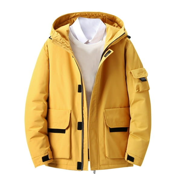 TFEOQRY Men Short Padded Coats Parkas Fashion Solid Color Hooded Long Sleeves Zipper Casual Eiderdown Coat Yellow
