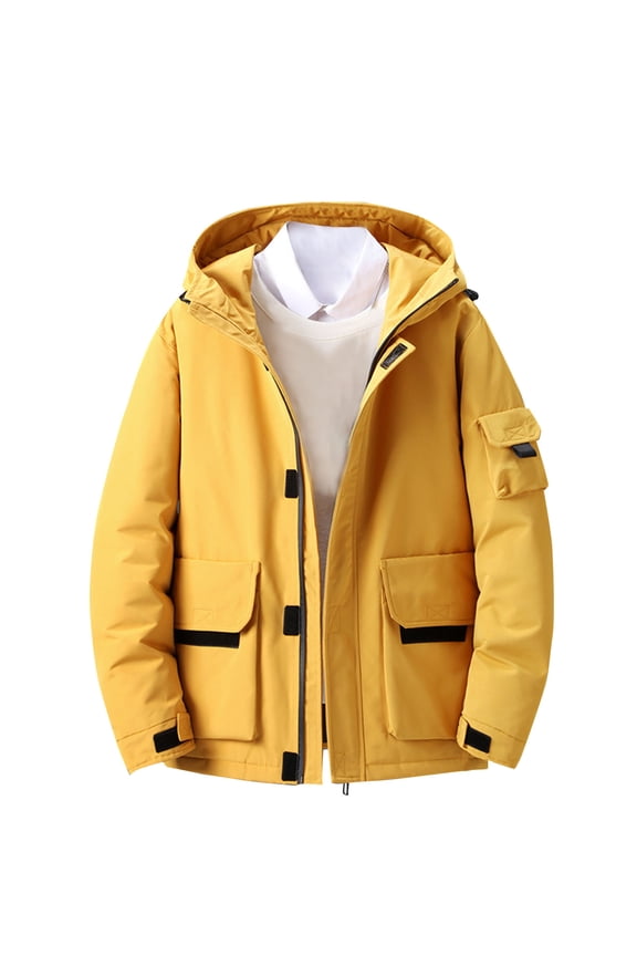 Men Short Padded Coats Parkas Fashion Solid Color Hooded Long Sleeves Zipper Casual Eiderdown Coat Yellow