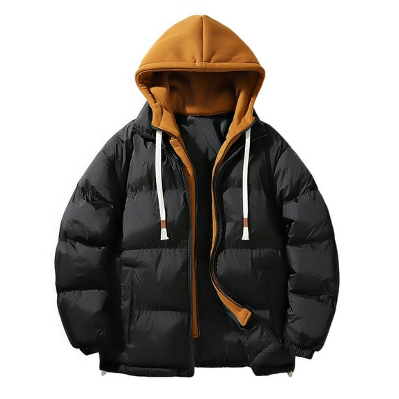 TFEOQRY Men Winter Short Padded Coats Casual Patchwork Hooded Zipper Jacket with Pockets Long Sleeve Coat Black