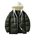 thumbnail image 1 of TFEOQRY Men Winter Short Padded Coats Casual Patchwork Hooded Zipper Jacket with Pockets Long Sleeve Coat Olive Green, 1 of 6