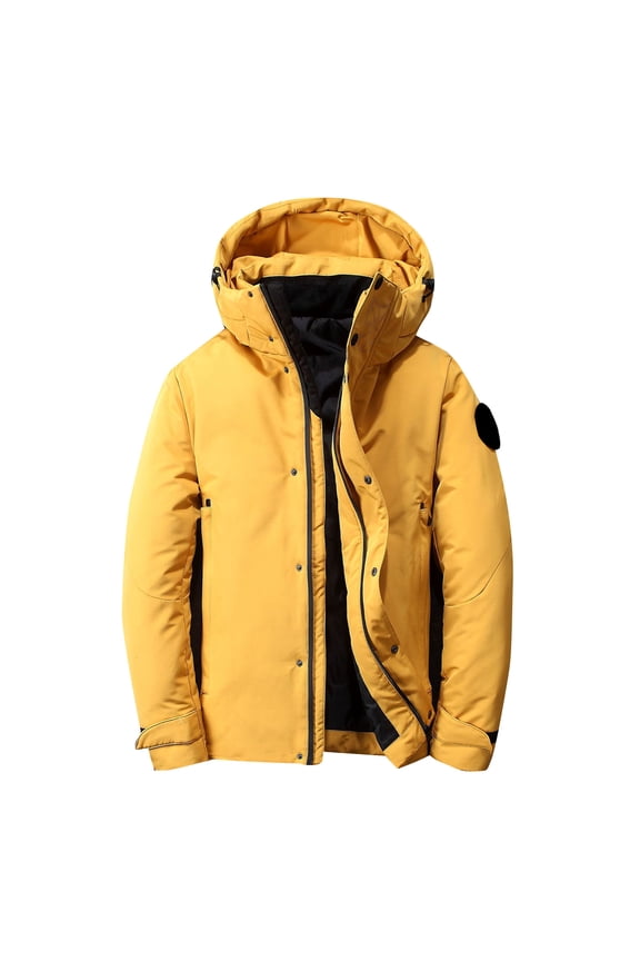 Men Winter Short Padded Coats Parkas Casual Solid Color Hooded Zipper Jackets with Pockets Long Sleeve Cardigan Eiderdown Coat Yellow