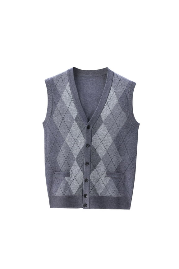 Men's Argyle Cardigan Sweater Vest V Neck Button Sleeveless Knitted Sweater Fall Winter Warm Tops Gray