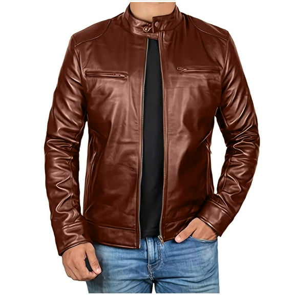 TFEOQRY Men's Biker Leather Jacket Stand Collar Zip Up Vintage Motorcycle Coat with Chest Pockets Bronze
