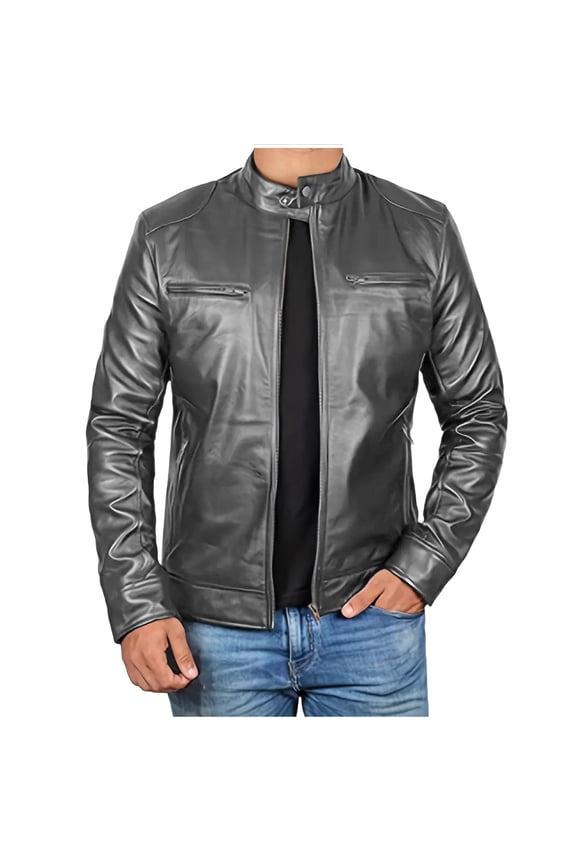 Men's Biker Leather Jacket Stand Collar Zip Up Vintage Motorcycle Coat with Chest Pockets Gray