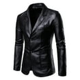 thumbnail image 1 of TFEOQRY Men's Blazer Jacket Solid Color Button Leather Suit Jacket with Pockets Long Sleeved Lapel Suit Black, 1 of 7