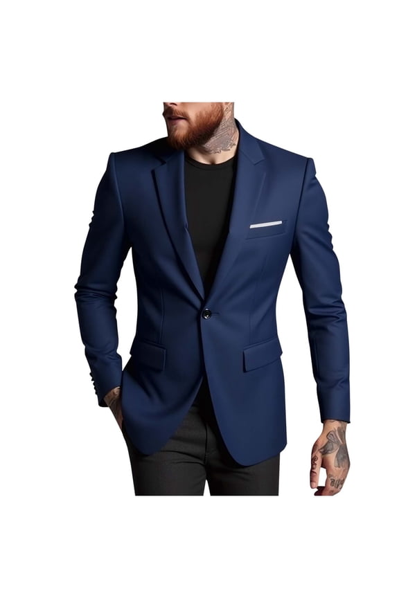 Men's Blazer Notch Lapel Solid One Button Casual Formal Dinner Prom Wedding Suit Jacket Navy
