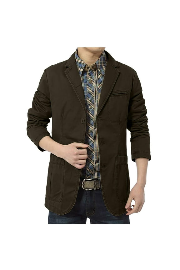 Men's Casual Cotton Blazer Three Button Suit Lightweight Jacket with Multiple Pockets Olive Green