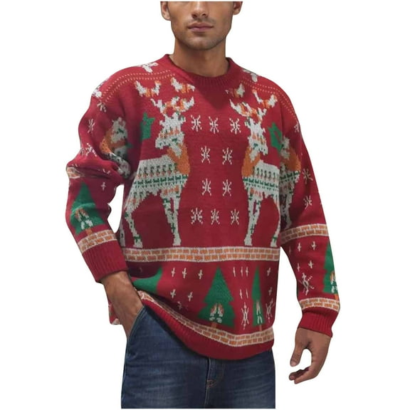 TFEOQRY Men's Christmas Sweater Pullover Winter Thick Christmas Jacquard Long Sleeved Round-Neck Sweater Red