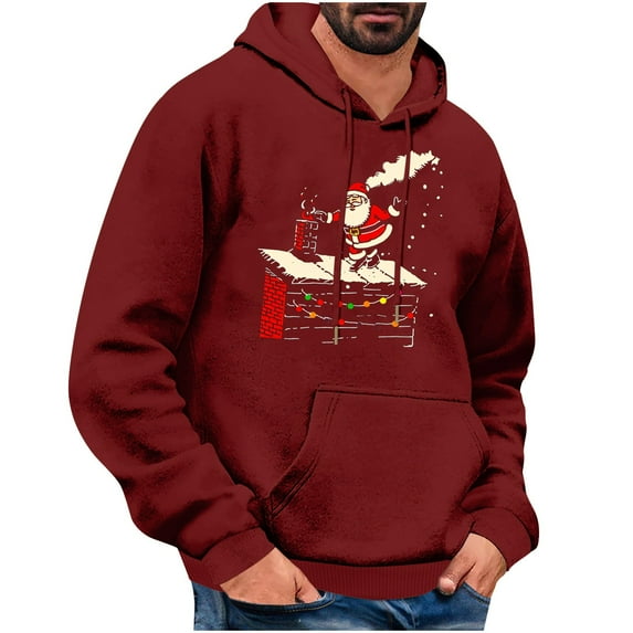 TFEOQRY Men's Christmas Pullover Sweatshirt Fashion Christmas Printed Drawstring Hoodies Long Sleeve Hooded Sweatshirt Burgundy-4