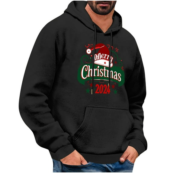 TFEOQRY Men's Christmas Sweatshirt Casual Christmas Hat Printed Drawstring Pullover Hoodies Long Sleeve Hooded Sweatshirt Black-11