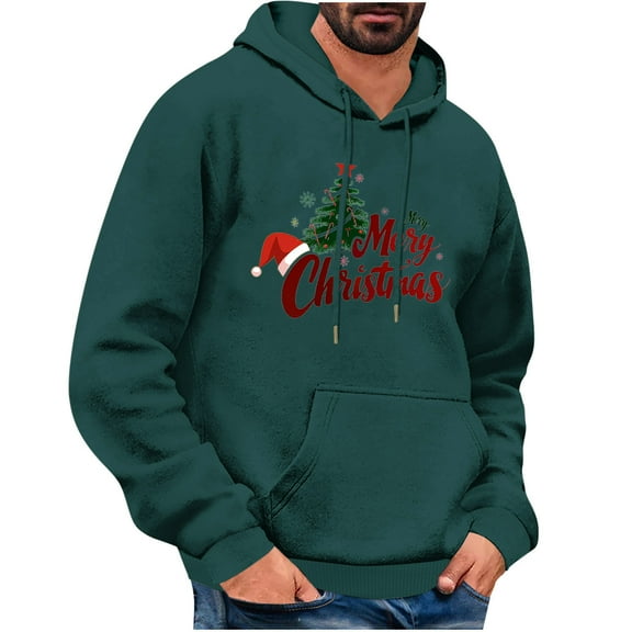 TFEOQRY Men's Christmas Sweatshirt Casual Christmas Hat Printed Drawstring Pullover Hoodies Long Sleeve Hooded Sweatshirt Olive Green