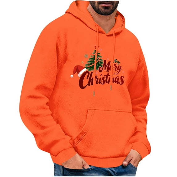 TFEOQRY Men's Christmas Sweatshirt Casual Christmas Hat Printed Drawstring Pullover Hoodies Long Sleeve Hooded Sweatshirt Orange