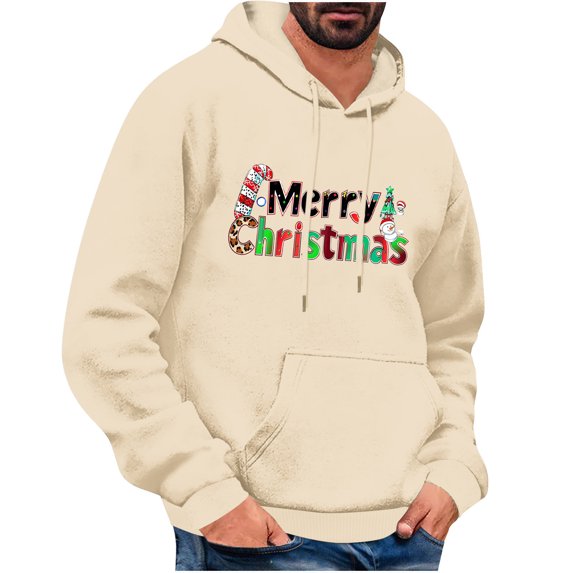 TFEOQRY Men's Christmas Sweatshirt Casual Fashion Christmas Printed Drawstring Pullover Hoodies Long Sleeve Hooded Sweatshirt Beige-5