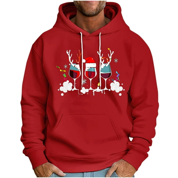 TFEOQRY Men's Christmas Sweatshirt Christmas Hat Printed Drawstring Pullover Hoodies Long Sleeve Hooded Sweatshirt Red-9