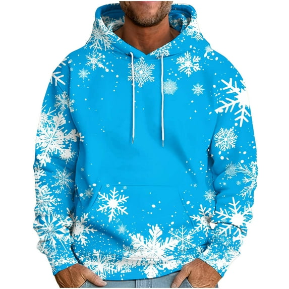 TFEOQRY Men's Christmas Sweatshirt Christmas Snowflake Print Drawstring Pullover Hoodies Hooded Long Sleeved Sweatshirt Sky Blue-2