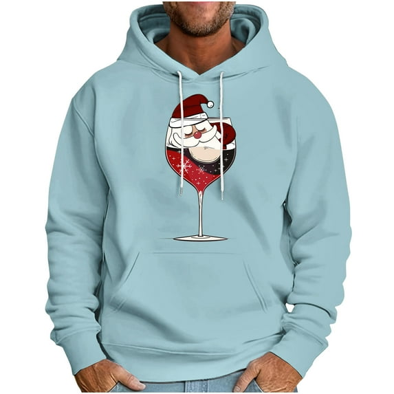 TFEOQRY Men's Christmas Sweatshirt Pullover Christmas Hat Printed Drawstring Hoodies Long Sleeve Hooded Sweatshirt Light Blue-6