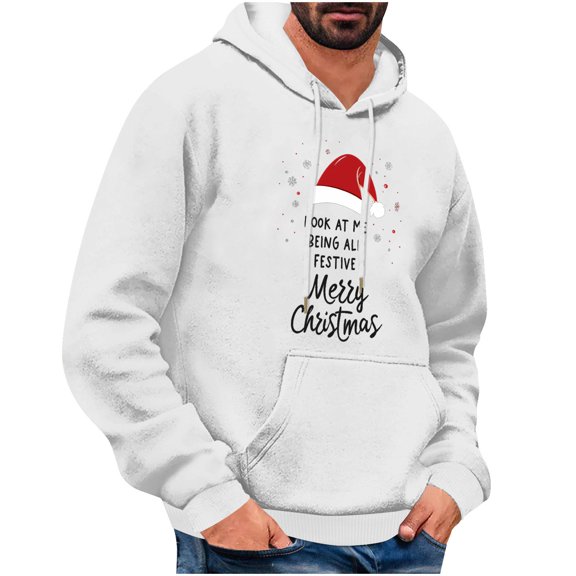 TFEOQRY Men's Christmas Sweatshirt Pullover Christmas Hat Printed Drawstring Hoodies Top Hooded Long Sleeved Sweatshirt White