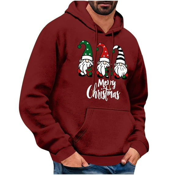 TFEOQRY Men's Christmas Sweatshirt Pullover Christmas Hat Printed Drawstring Hoodies Top Long Sleeve Hooded Sweatshirt Burgundy-5