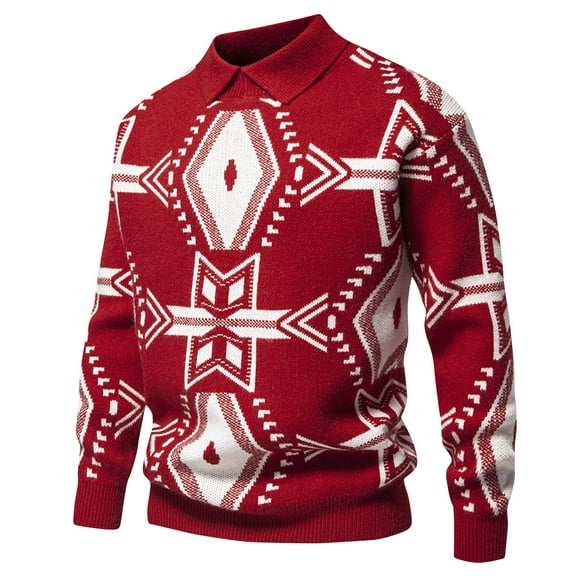TFEOQRY Men's Collar Knit Sweater Long Sleeve Color Block Pattern Print Casual Pullover Fall Winter Top Red