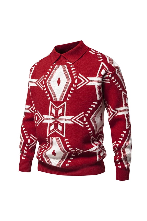 Men's Collar Knit Sweater Long Sleeve Color Block Pattern Print Casual Pullover Fall Winter Top Red