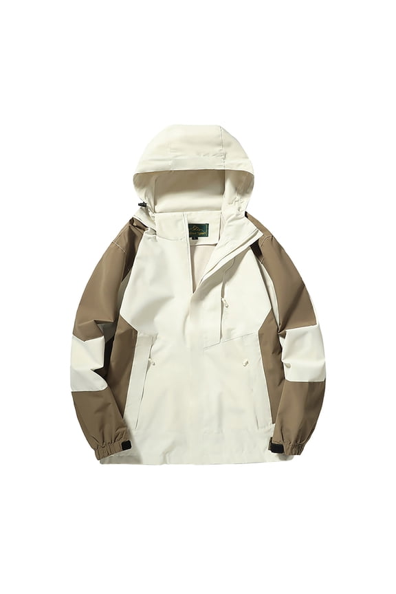 Men's Color Block Lightweight Waterproof Windbreaker Hooded Drawstring Jacket Hiking Coat with Zipper Pockets Beige