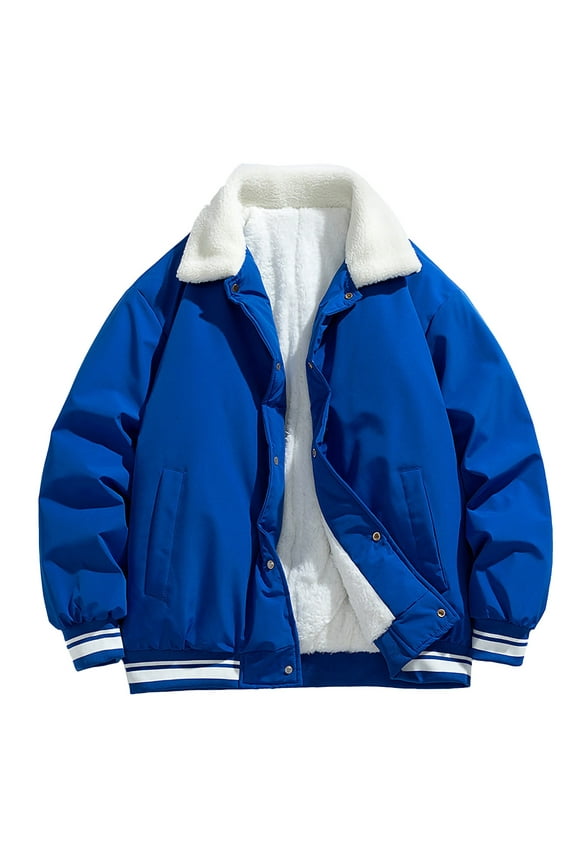 Men's Cotton Hooded Short Parkas Fake Two-Piece Thick Solid Color Padded Coats Versatile Top Long Sleeved Cotton Jacket Blue