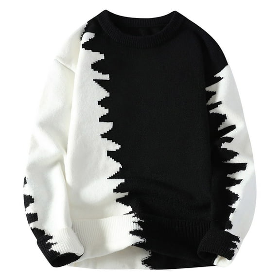 TFEOQRY Men's Crew Neck Color Block Sweater Ripped Pattern Knit Long Sleeve Casual Pullover Fall Winter Warm Top Black