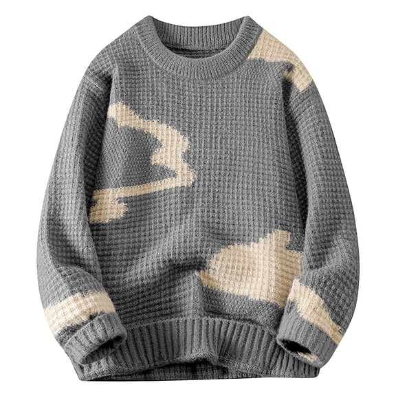 TFEOQRY Men's Crew Neck Knitted Sweater Cloud Pattern Textured Long Sleeve Loose Pullover Fall Winter Top Gray