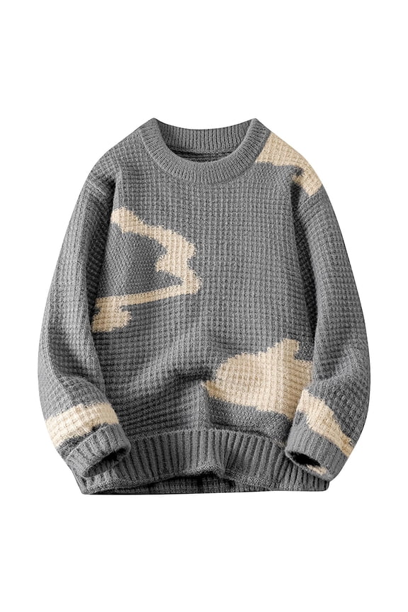 Men's Crew Neck Knitted Sweater Cloud Pattern Textured Long Sleeve Loose Pullover Fall Winter Top Gray