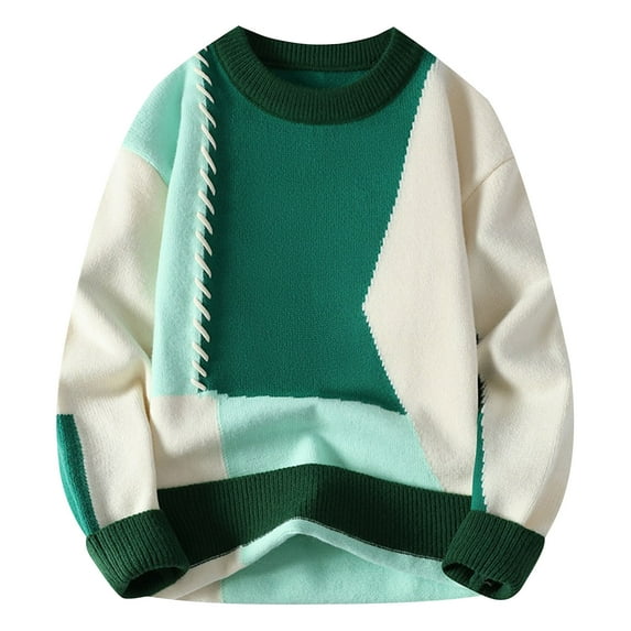 TFEOQRY Men's Crew Neck Patchwork Knit Sweater Long Sleeve Colorblock Casual Pullover Fall Winter Warm Top Green