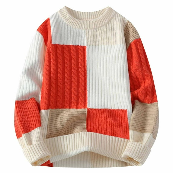 TFEOQRY Men's Crew Neck Patchwork Sweater Cable Knit Long Sleeve Color Block Casual Pullover Fall Winter Top Orange