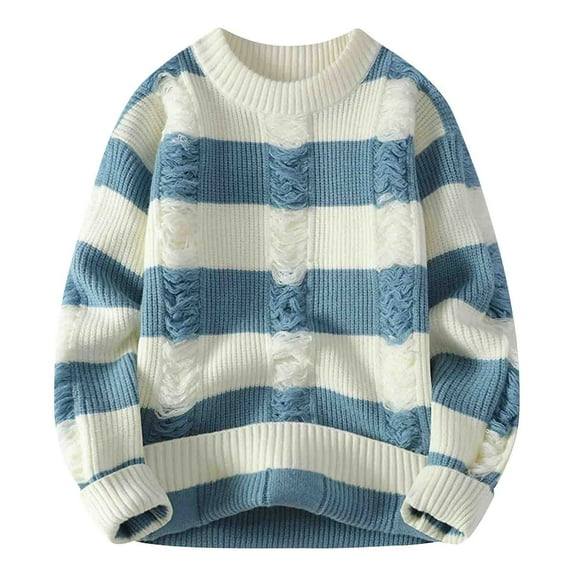 TFEOQRY Men's Crew Neck Striped Ripped Sweater Knit Long Sleeve Casual Pullover Fall Winter Vintage Top Blue