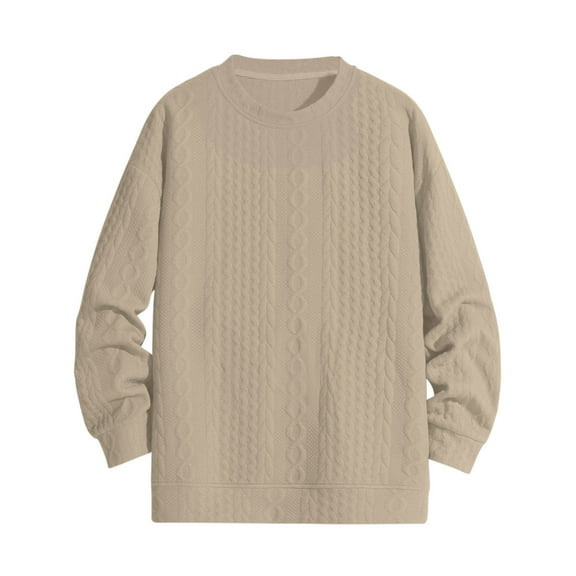 TFEOQRY Men's Crew Neck Sweater Cable Knit Textured Long Sleeve Casual Pullover Fall Winter Warm Top Khaki