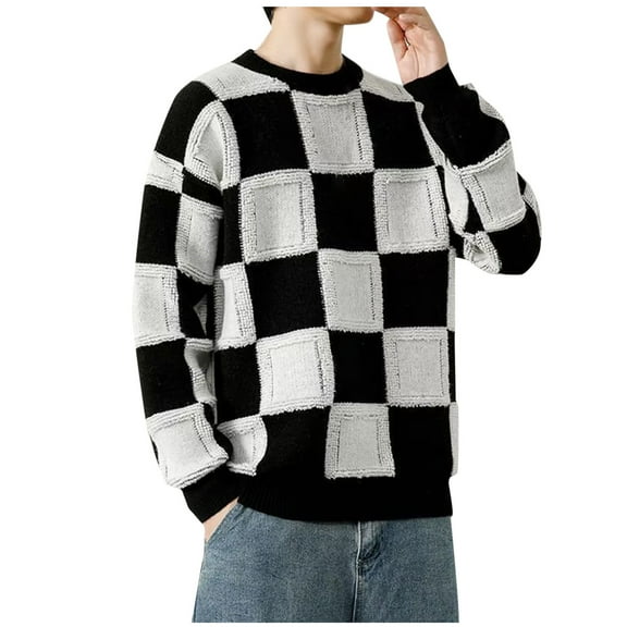 TFEOQRY Men's Crew Neck Sweater Checkered Patchwork Knit Long Sleeve Color Block Casual Pullover Fall Winter Top Black