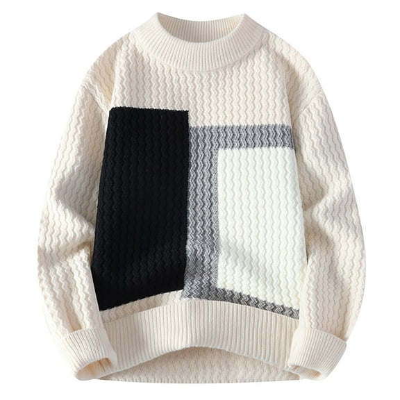 TFEOQRY Men's Crew Neck Sweater Color Block Textured Knit Long Sleeve Casual Pullover Fall Winter Warm Top Khaki