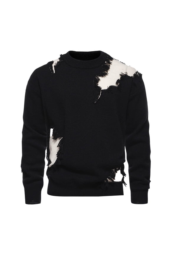 Men's Crew Neck Sweater Distressed Knit Long Sleeve Ripped Patchwork Casual Pullover Fall Winter Top Black