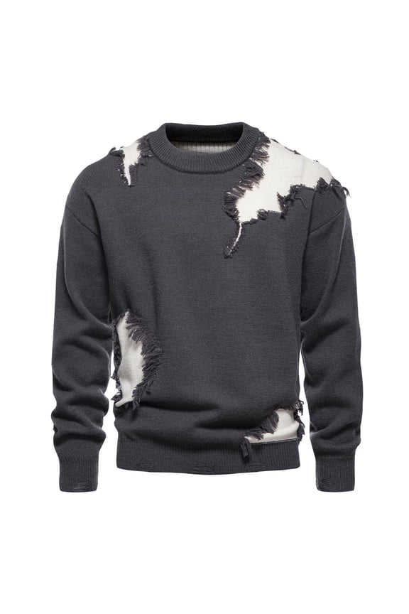 Men's Crew Neck Sweater Distressed Knit Long Sleeve Ripped Patchwork Casual Pullover Fall Winter Top Dark Gray