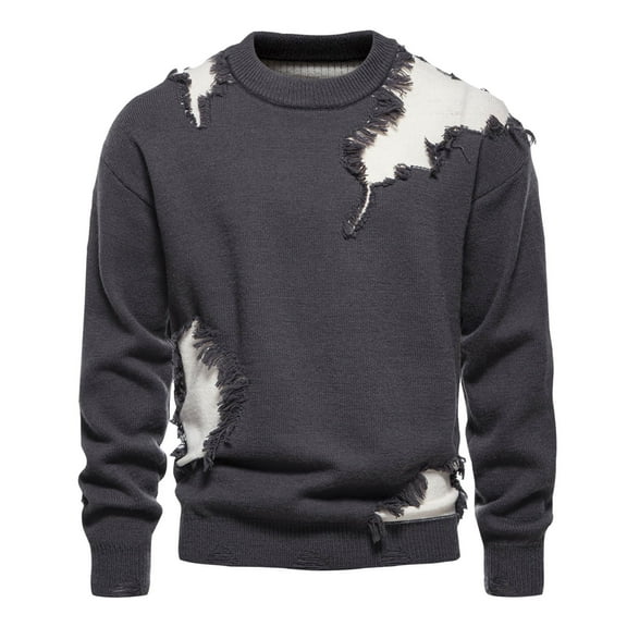 TFEOQRY Men's Crew Neck Sweater Distressed Knit Long Sleeve Ripped Patchwork Casual Pullover Fall Winter Top Dark Gray