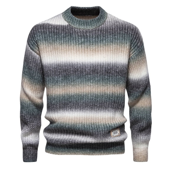 TFEOQRY Men's Crew Neck Sweater Gradient Striped Color Block Knitted Long Sleeve Casual Pullover Fall Winter Top White