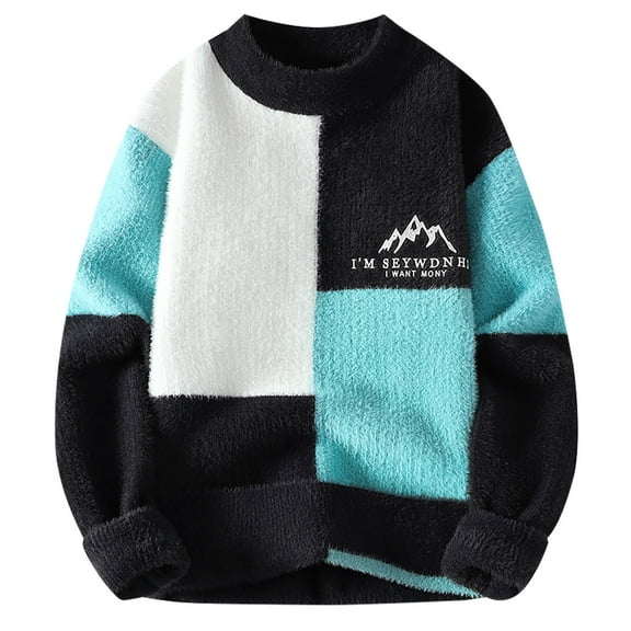 TFEOQRY Men's Crew Neck Sweater Patchwork Patterned Knit Long Sleeve Casual Pullover Fall Winter Top Blue