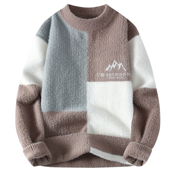 TFEOQRY Men's Crew Neck Sweater Patchwork Patterned Knit Long Sleeve Casual Pullover Fall Winter Top Coffee