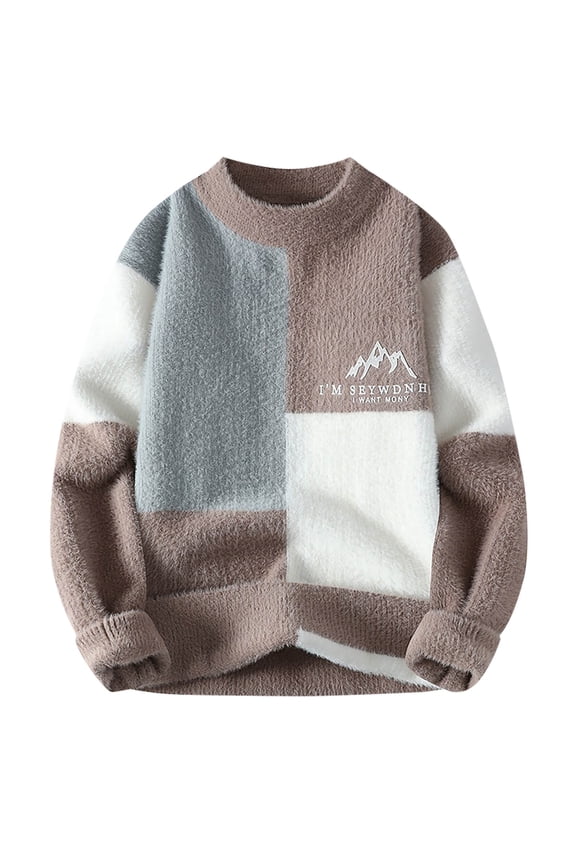 Men's Crew Neck Sweater Patchwork Patterned Knit Long Sleeve Casual Pullover Fall Winter Top Coffee