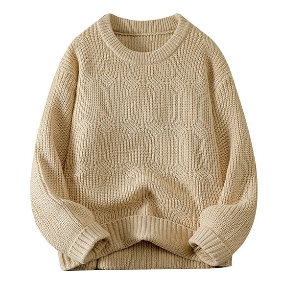 TFEOQRY Men's Crew Neck Textured Knit Sweater Long Sleeve Loose Solid Casual Pullover Fall Winter Top Beige-2