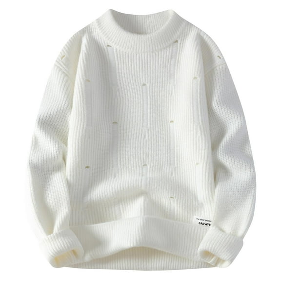 TFEOQRY Men's Crew Neck Textured Sweater Vintage Knit Long Sleeve Casual Pullover Fall Winter Warm Top White