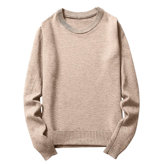 TFEOQRY Men's Crewneck Sweater Solid Color Long Sleeve Pullover Fall Winter Warm Basic Tops with Ribbing Edge Beige