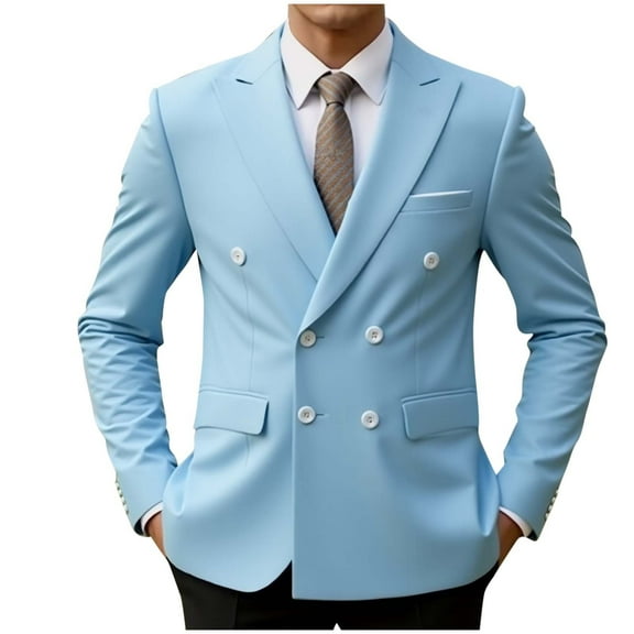 TFEOQRY Men's Double Breasted Blazer Peak Lapel Casual Formal Business Wedding Jacket with Pockets Sky Blue