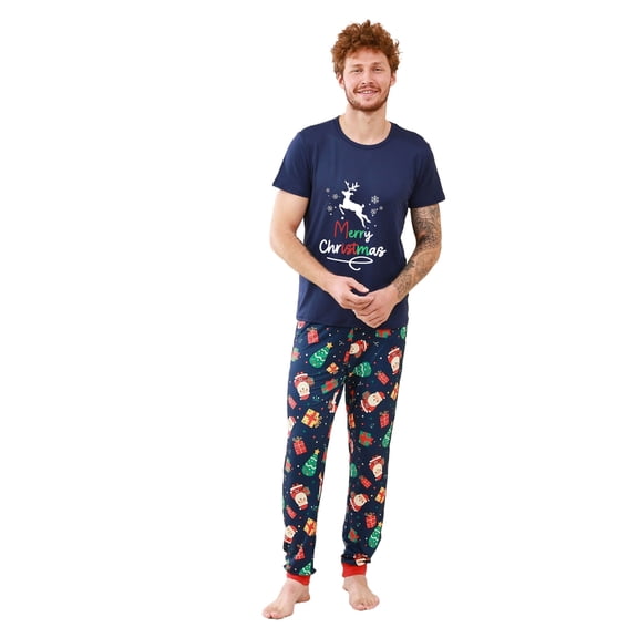 TFEOQRY Men's Family Christmas Pajamas Matching Sets Christmas Print Casual Short Sleeve Top Sleepwear Set Homewear Pajamas Two-Piece Set Blue（Dad)
