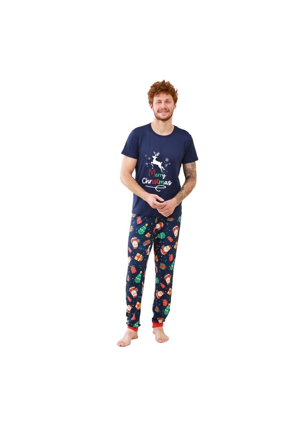 Men's Family Christmas Pajamas Matching Sets Christmas Print Casual Short Sleeve Top Sleepwear Set Homewear Pajamas Two-Piece Set Blue(Dad)